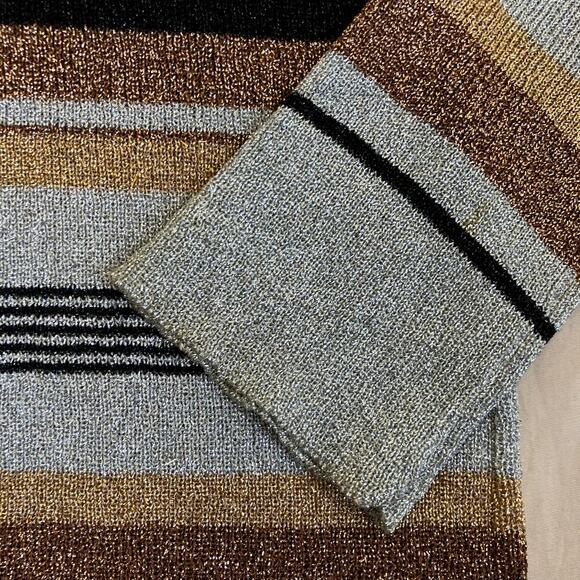 Vintage 70s 80s Metallic Lurex Striped Turtleneck Sweater Gold Silver Bronze - Picture 6 of 16